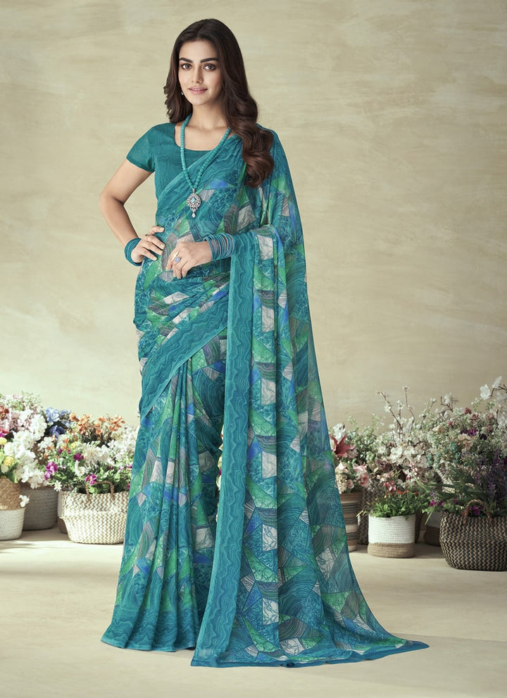 Lassya Fashion Sea Blue Vibrant Chiffon Saree Complemented by Matching Blouse