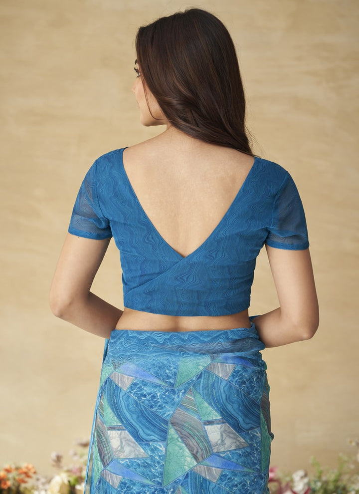 Lassya Fashion Sea Blue Vibrant Chiffon Saree Complemented by Matching Blouse