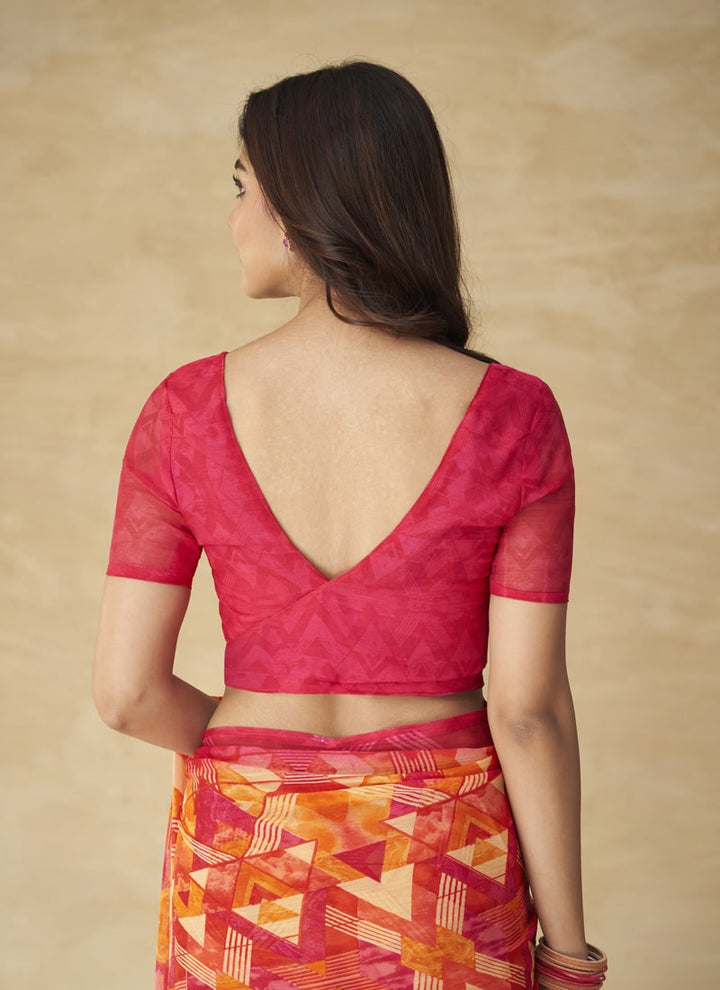 Lassya Fashion Dark Red Vibrant Chiffon Saree Complemented by Matching Blouse