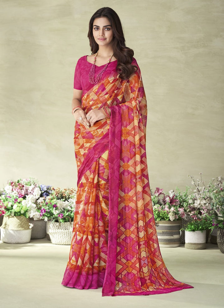 Lassya Fashion Magenta Pink Chiffon Saree with a Coordinating Chiffon Blouse in Vibrant