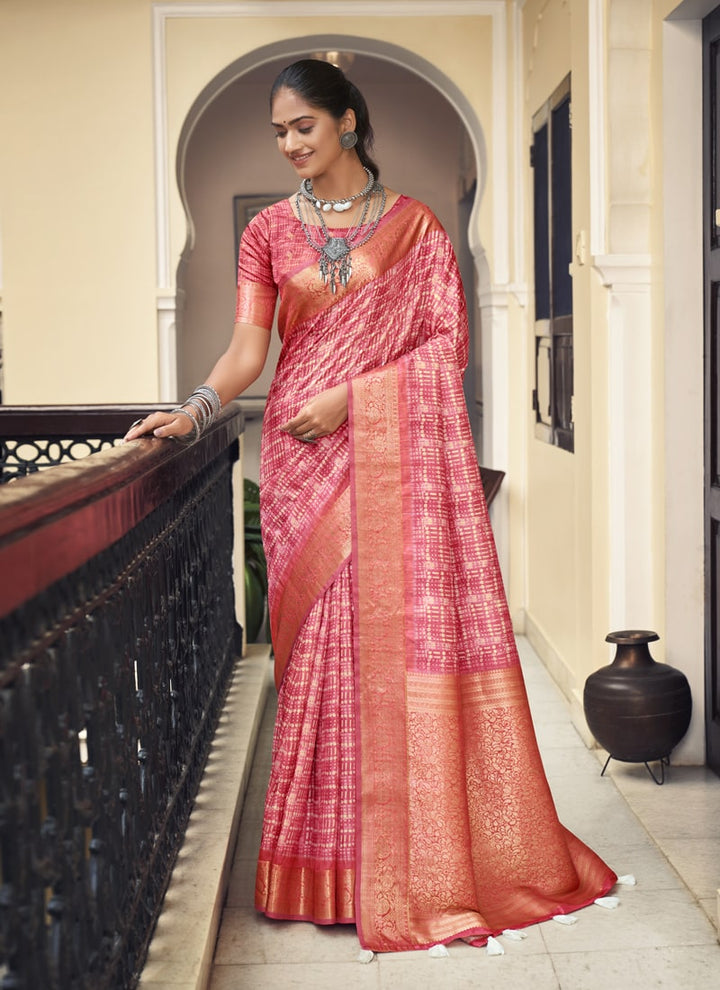 Lassya Fashion Rose Pink Silk Weaving Saree with Digital Print Includes Matching Blouse