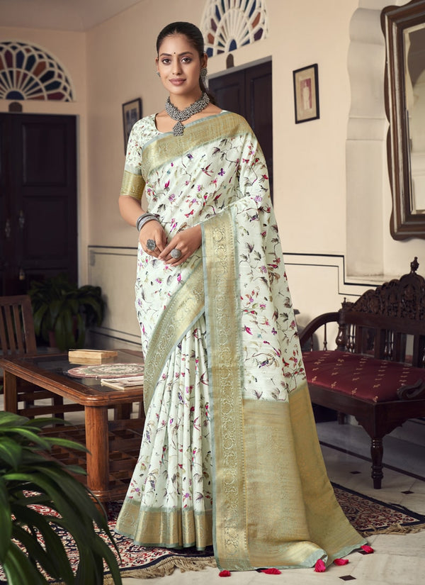 Lassya Fashion Pale Green Silk Weaving Saree with Digital Print Includes Matching Blouse