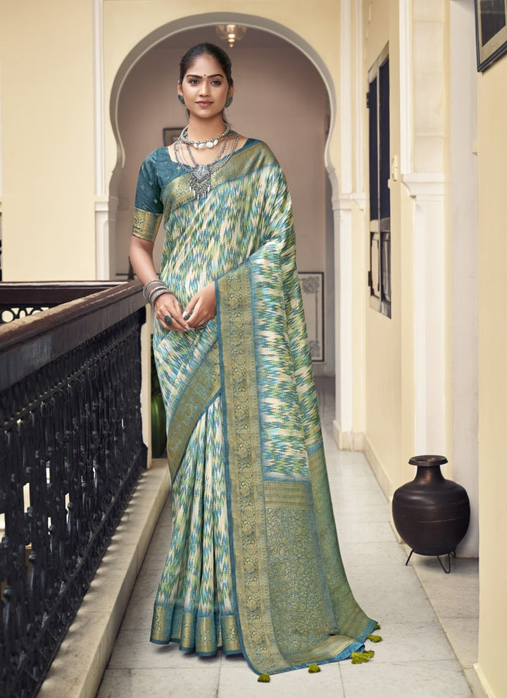 Lassya Fashion Teal Green Silk Weaving Saree with Digital Print Includes Matching Blouse