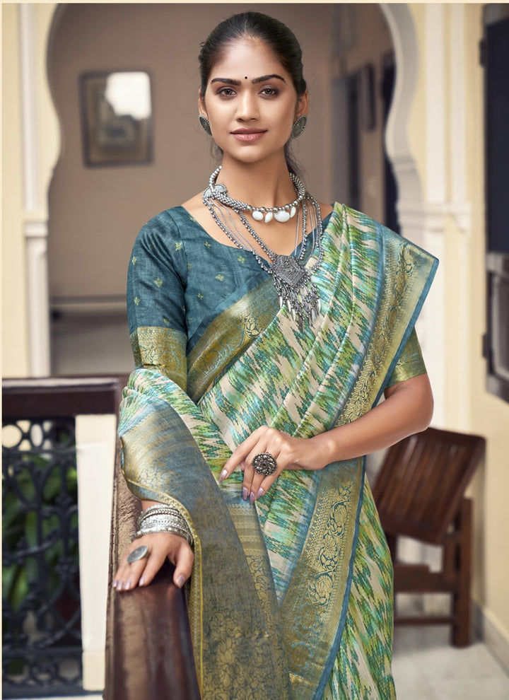 Lassya Fashion Teal Green Silk Weaving Saree with Digital Print Includes Matching Blouse