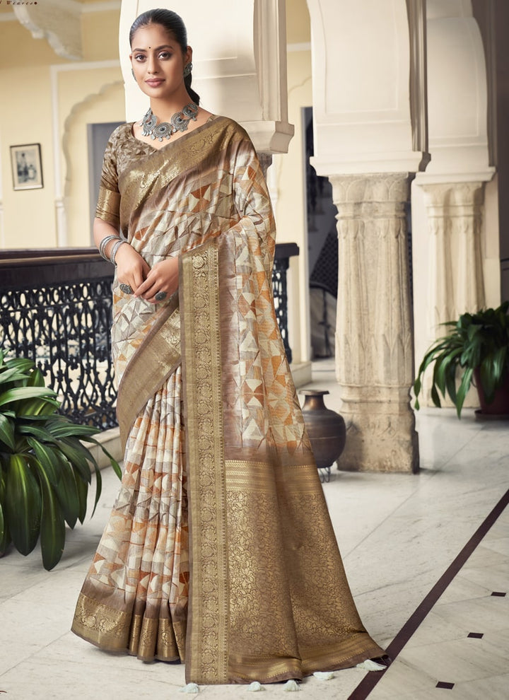 Lassya Fashion Dark Beige Silk Weaving Saree with Digital Print Includes Matching Blouse