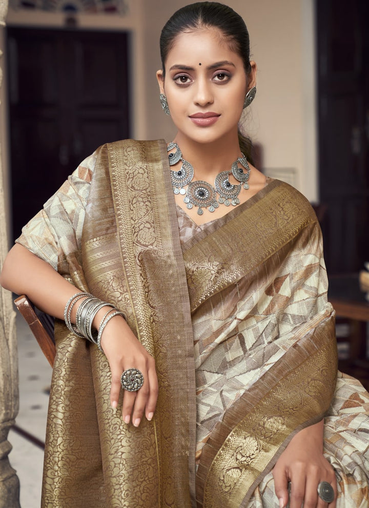 Lassya Fashion Dark Beige Silk Weaving Saree with Digital Print Includes Matching Blouse