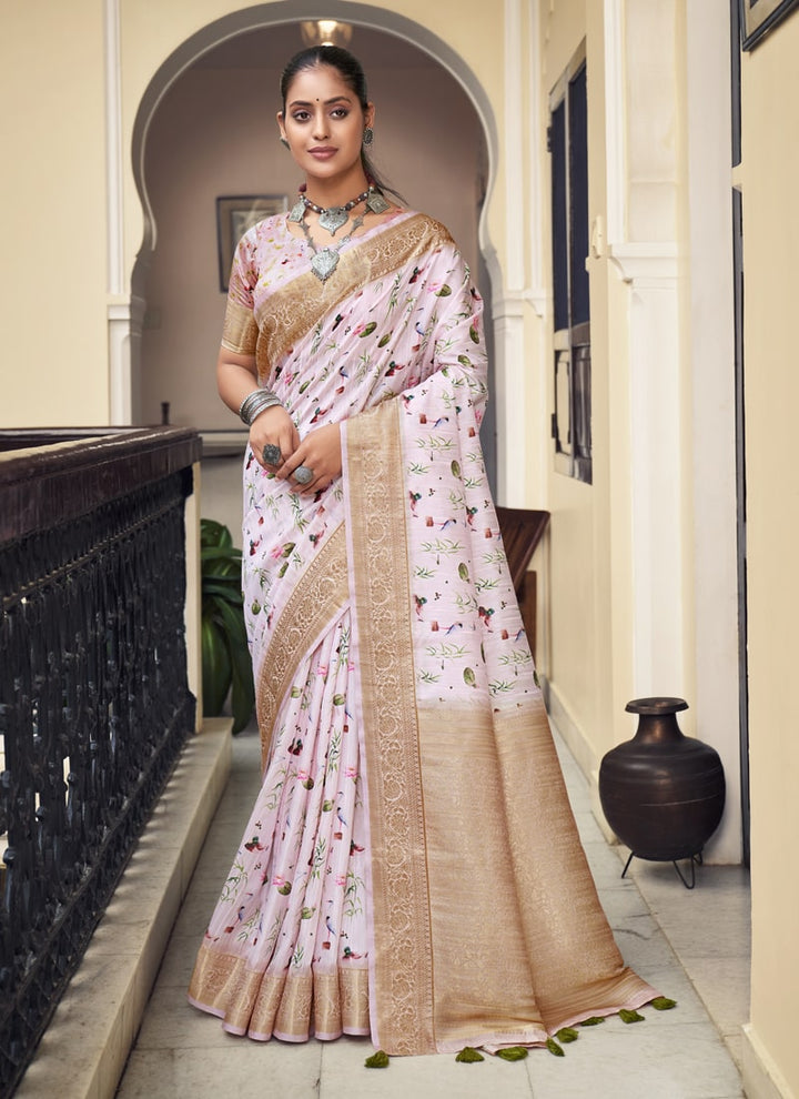 Lassya Fashion Soft Pink Silk Weaving Saree with Digital Print Includes Matching Blouse