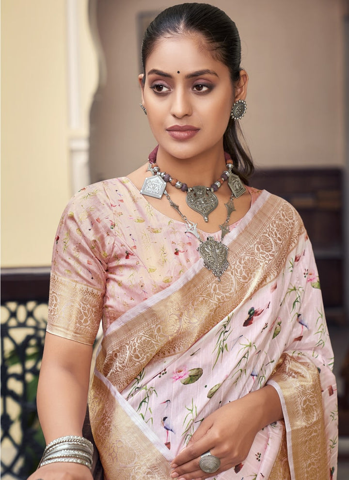 Lassya Fashion Soft Pink Silk Weaving Saree with Digital Print Includes Matching Blouse