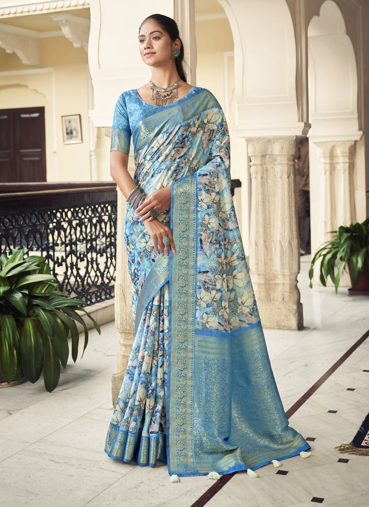 Lassya Fashion Dusty Blue Silk Weaving Saree with Digital Print Includes Matching Blouse