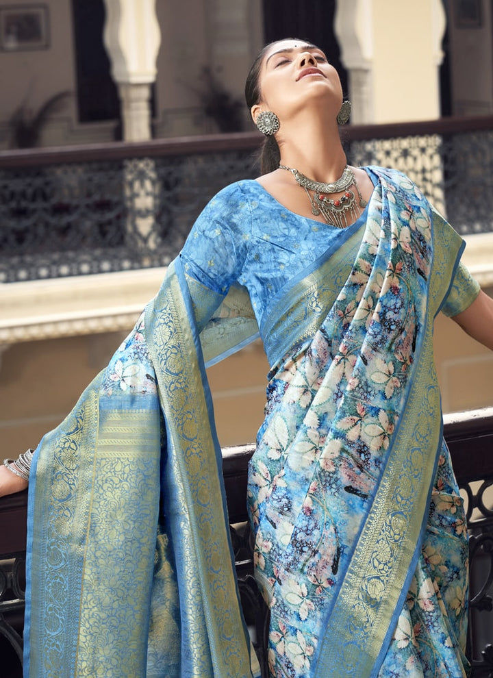 Lassya Fashion Dusty Blue Silk Weaving Saree with Digital Print Includes Matching Blouse