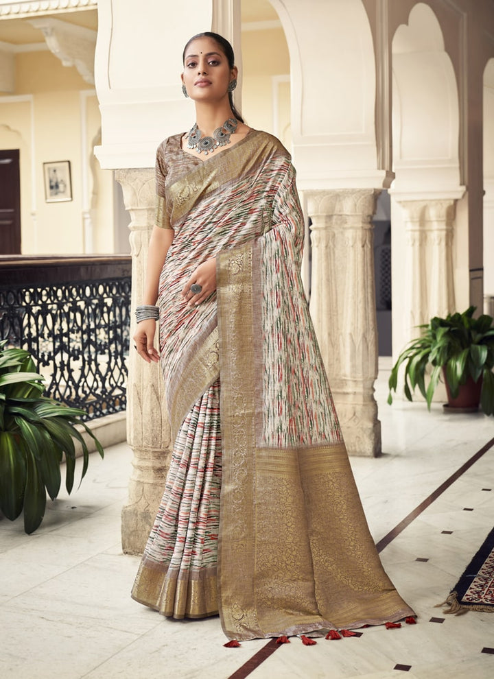 Lassya Fashion Muted Taupe Silk Weaving Saree with Digital Print Includes Matching Blouse