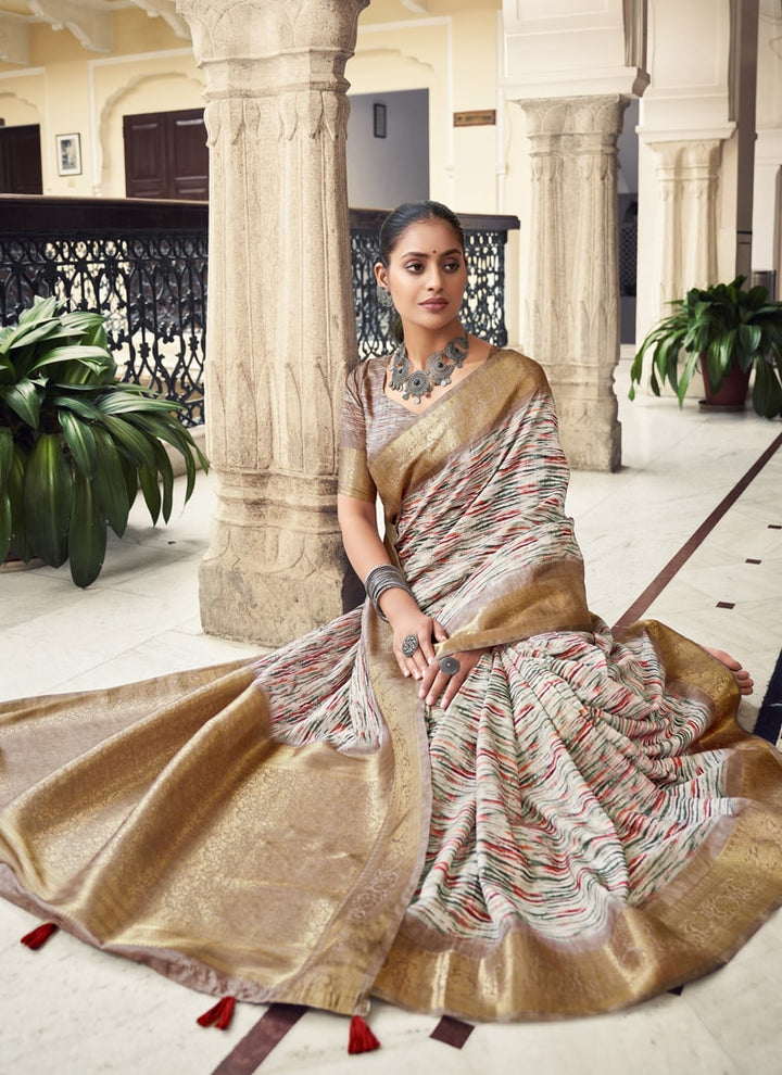 Lassya Fashion Muted Taupe Silk Weaving Saree with Digital Print Includes Matching Blouse