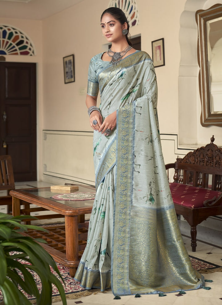 Lassya Fashion Soft-Sage Green Silk Weaving Saree with Digital Print Includes Matching Blouse