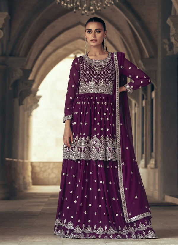 Lassya Fashion Purple Three-Piece Kediya Style Anarkali Dress in Luxurious Real Georgette