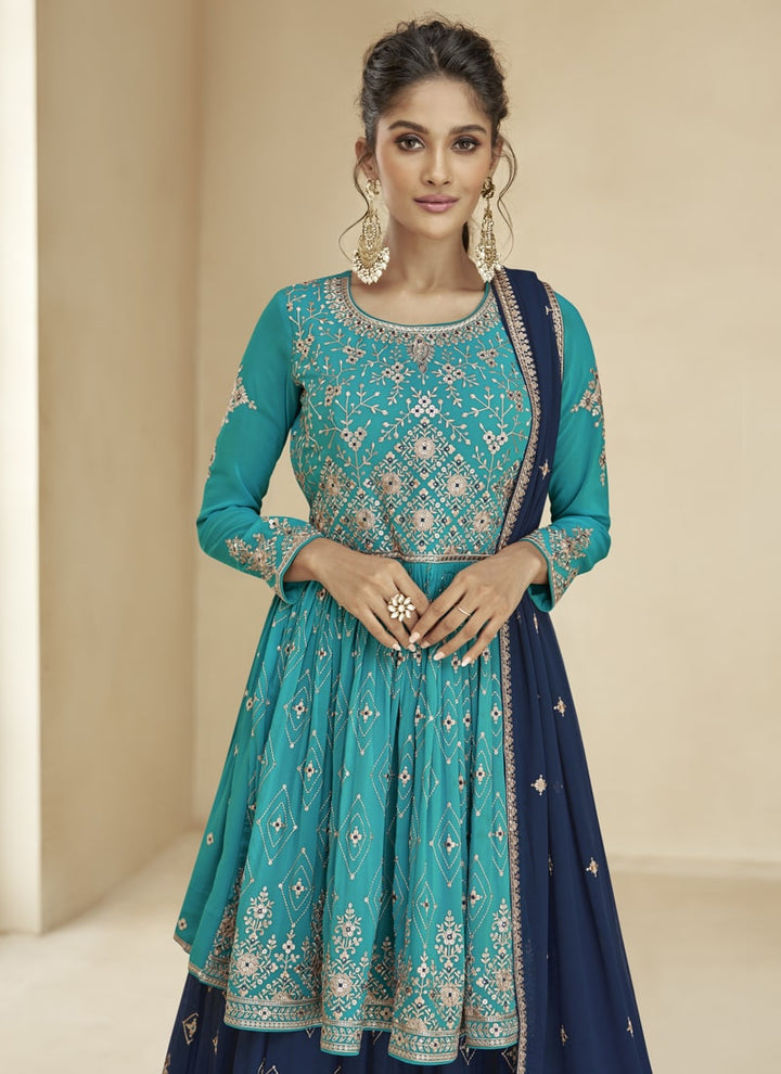 Lassya Fashion Teal Green And Navy Blue Indian Wedding Designer Gharara Suit With Dupatta