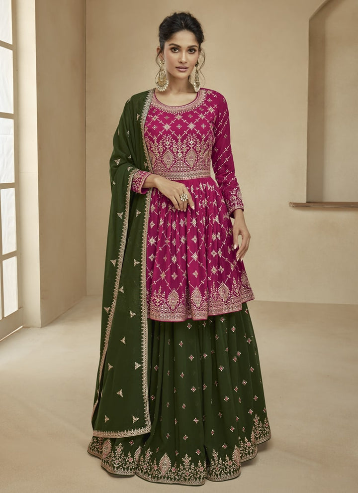 Lassya Fashion Magenta Pink And Olive Green Indian Wedding Designer Gharara Suit With Dupatta