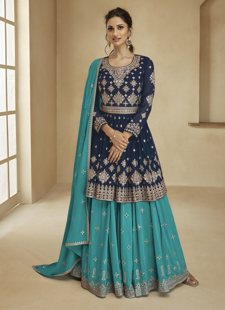 Lassya Fashion Navy BlueAnd Teal Green Indian Wedding Designer Gharara Suit With Dupatta