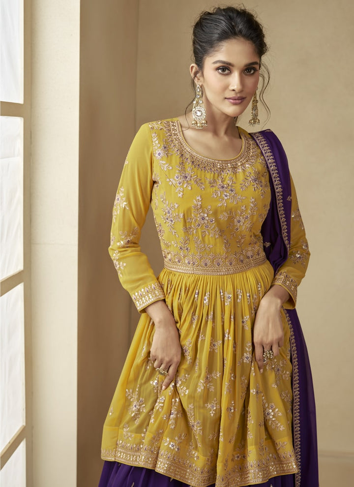 Lassya Fashion Mustard Yellow And Purple Indian Wedding Designer Gharara Suit With Dupatta