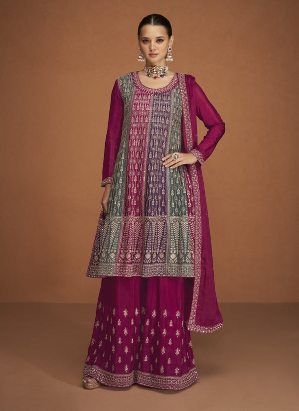 Magenta Pink Embroidered Festive Wear Chinon Silk Sharara Suit