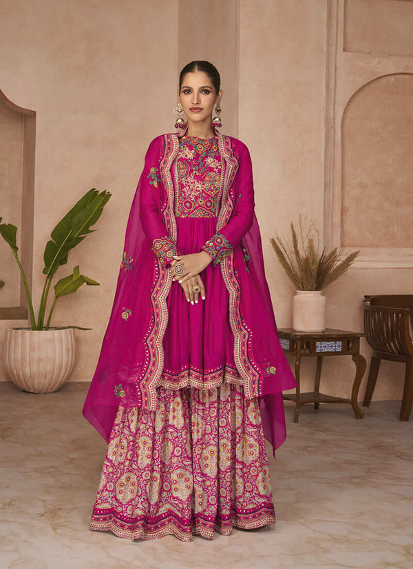 Magenta Pink Floor Length Palazzo Suit with Heavy Embroidery Dupatta