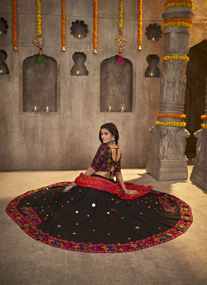 Midnight Black Enchanting Navratri Chaniya Choli Set Thread Embroidery and Mirror Work