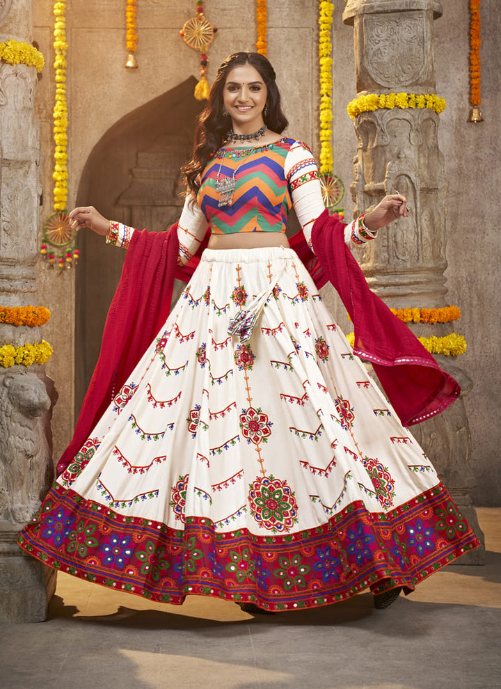 Pearl White Mirrored Elegance Navratri Chaniya Choli Set Intricate Thread Embroidery