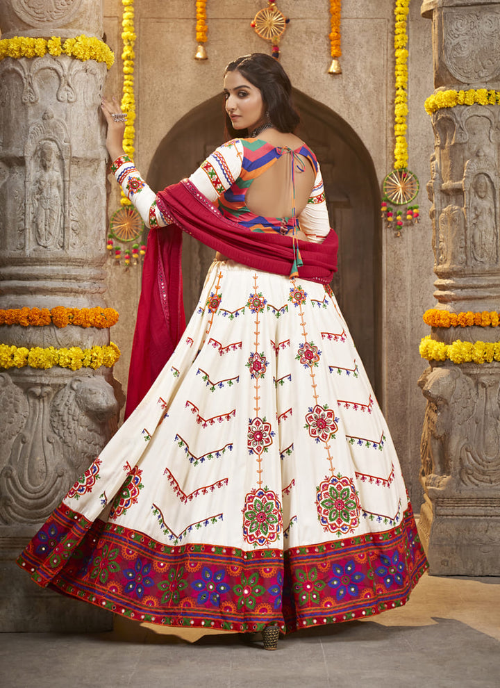 Pearl White Mirrored Elegance Navratri Chaniya Choli Set Intricate Thread Embroidery