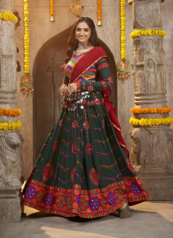 Dark Green Mirrored Elegance Navratri Chaniya Choli Set Intricate Thread Embroidery