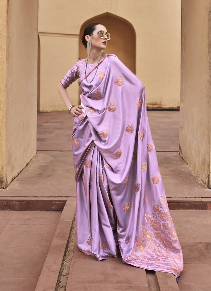 Lassya Fashion Lavender Elegant Satin Silk Saree Set with Copper Zari Weaving