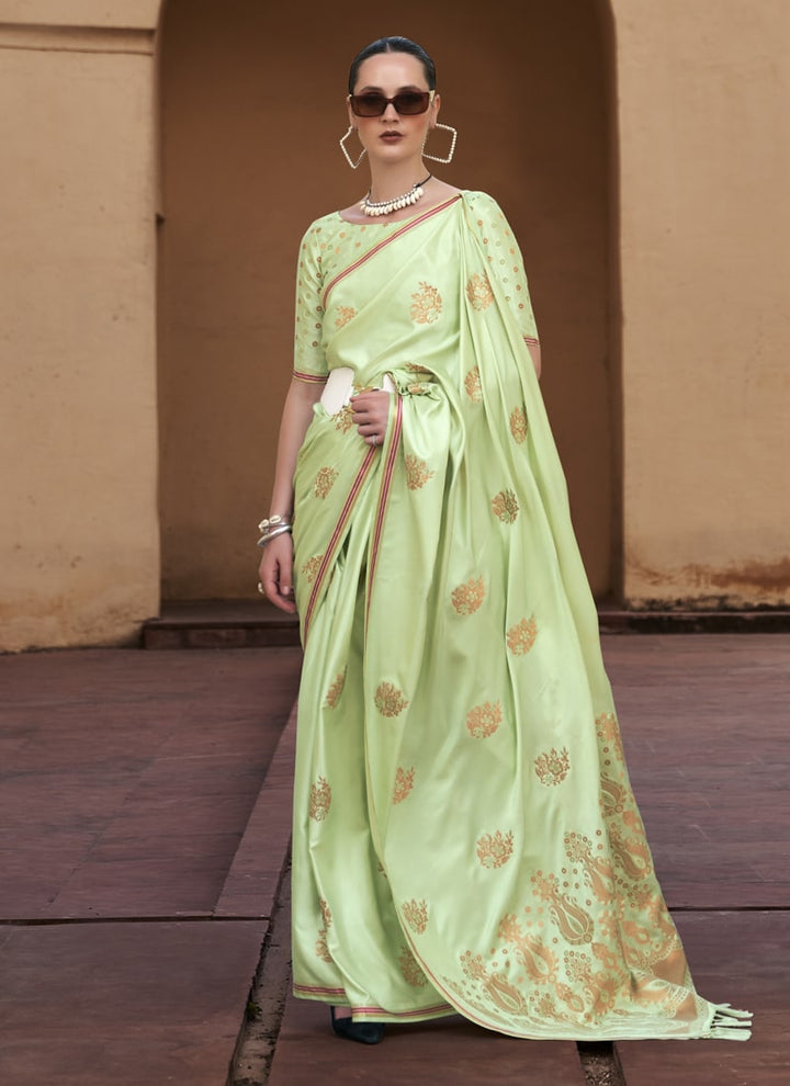 Lassya Fashion Pista Green Elegant Satin Silk Saree Set with Copper Zari Weaving