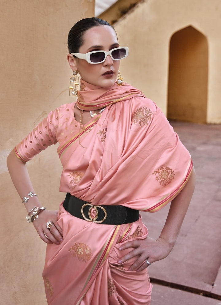 Lassya Fashion Metallic Pink Elegant Satin Silk Saree Set with Copper Zari Weaving