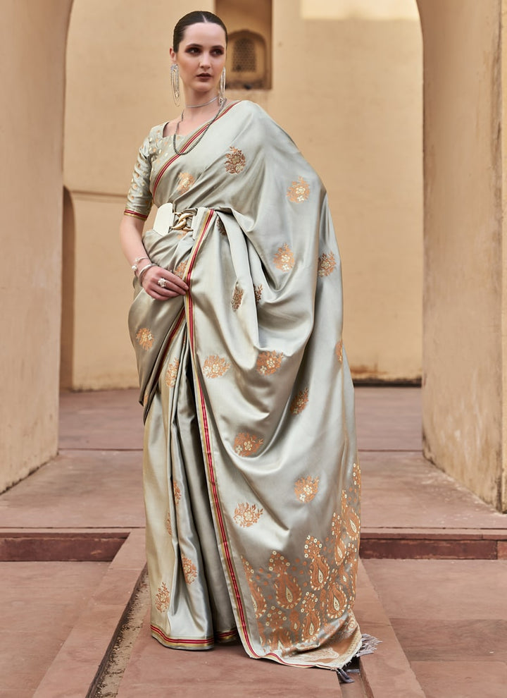 Lassya Fashion Taupe Grey Elegant Satin Silk Saree Set with Copper Zari Weaving