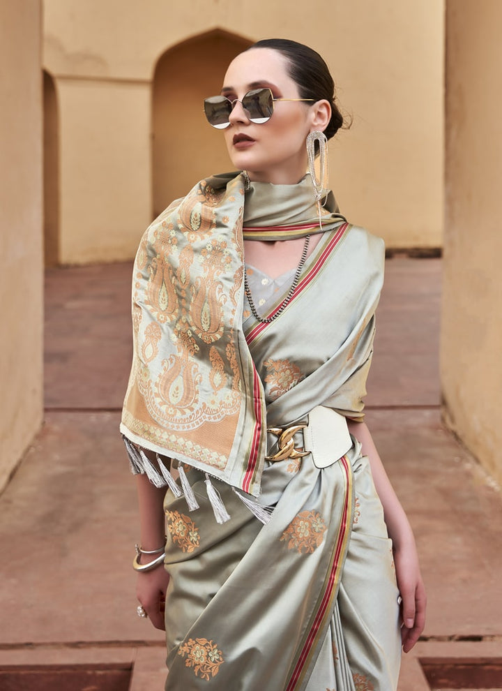 Lassya Fashion Taupe Grey Elegant Satin Silk Saree Set with Copper Zari Weaving