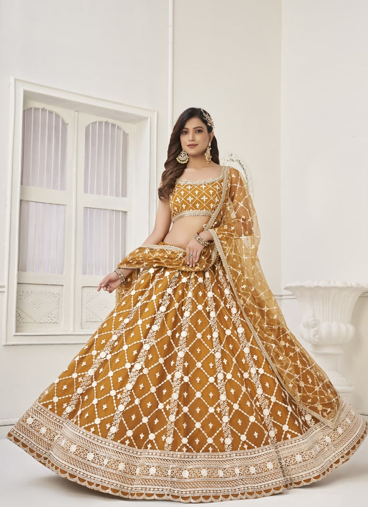 Lassya Fashion Mustard Yellow Enchanting Butterfly Net Lehenga Set with Thread and Sequence Work