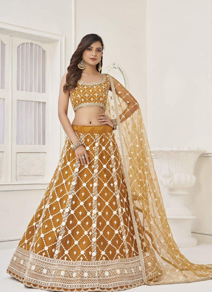 Lassya Fashion Mustard Yellow Enchanting Butterfly Net Lehenga Set with Thread and Sequence Work