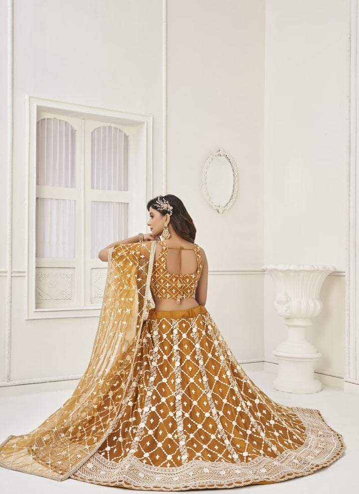 Lassya Fashion Mustard Yellow Enchanting Butterfly Net Lehenga Set with Thread and Sequence Work