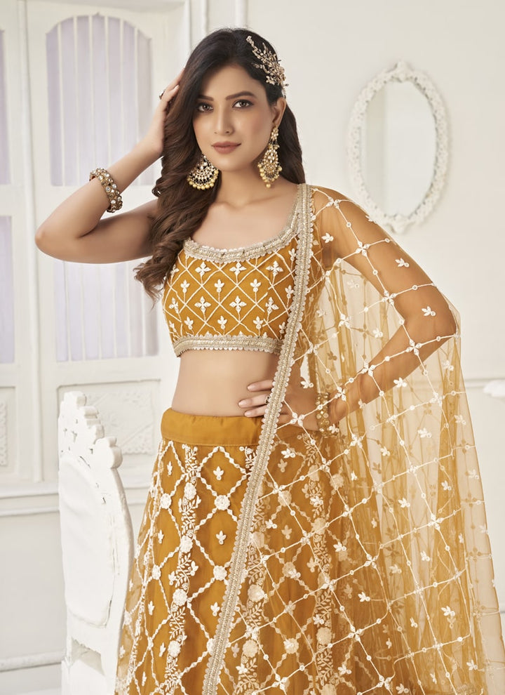 Lassya Fashion Mustard Yellow Enchanting Butterfly Net Lehenga Set with Thread and Sequence Work