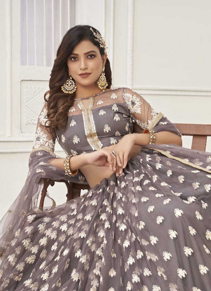 Lassya Fashion Taupe Gray Enchanting Butterfly Net Lehenga Set with Thread and Sequence Work