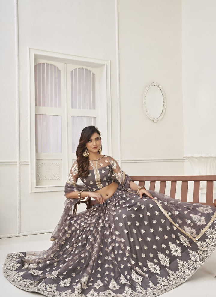Lassya Fashion Taupe Gray Enchanting Butterfly Net Lehenga Set with Thread and Sequence Work