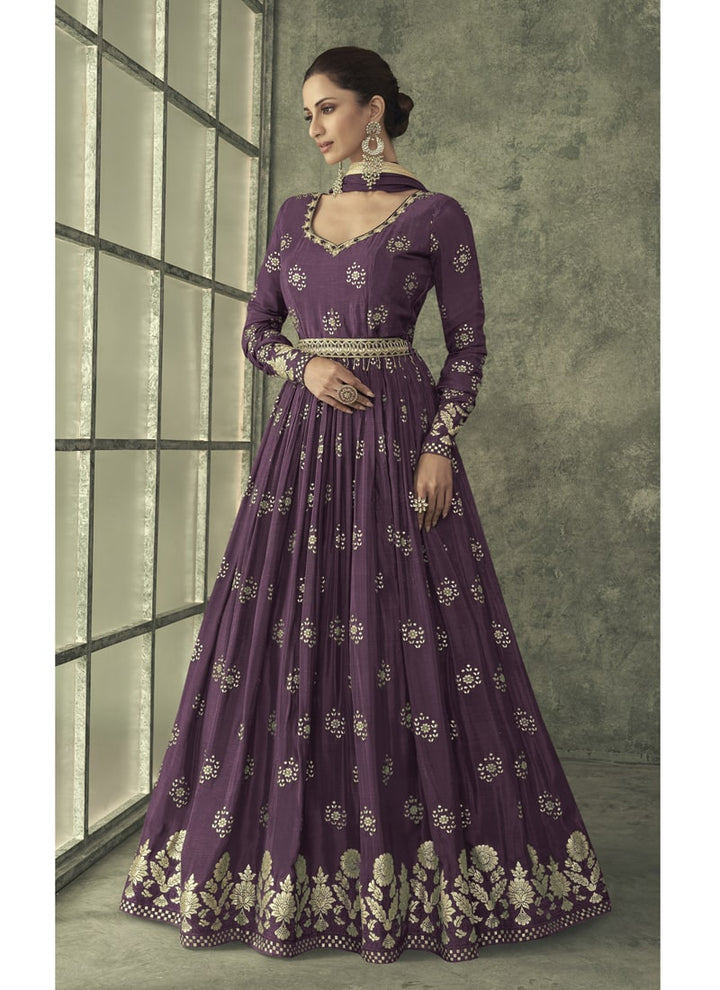 Lassya Fashion Purple Designer Wedding Gown in Pure Viscose Silk Jacquard