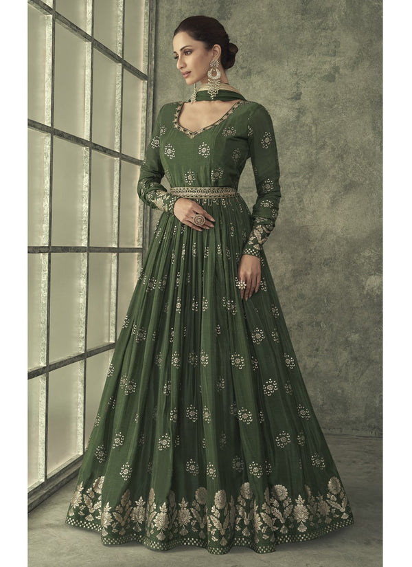 Lassya Fashion Olive Green Designer Wedding Gown in Pure Viscose Silk Jacquard