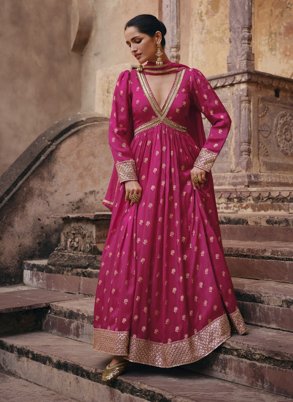 Lassya Fashion Magenta Pink Embroidered Indo Western Gown with Pure Viscose and Jacquard Silk