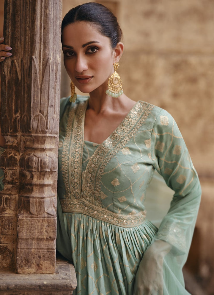 Lassya Fashion Pista Green Embroidered Festive Wear Gown in Pure Viscose and Jacquard Silk