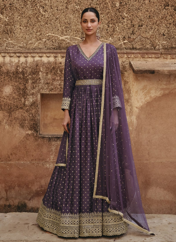 Lassya Fashion Violet Embroidered Festive Wear Gown in Pure Viscose and Jacquard Silk