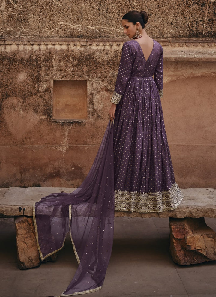 Lassya Fashion Violet Embroidered Festive Wear Gown in Pure Viscose and Jacquard Silk
