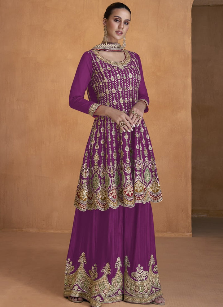 Lassya Fashion Purple Designer Festive Sharara Suit Set in Real Chinnon