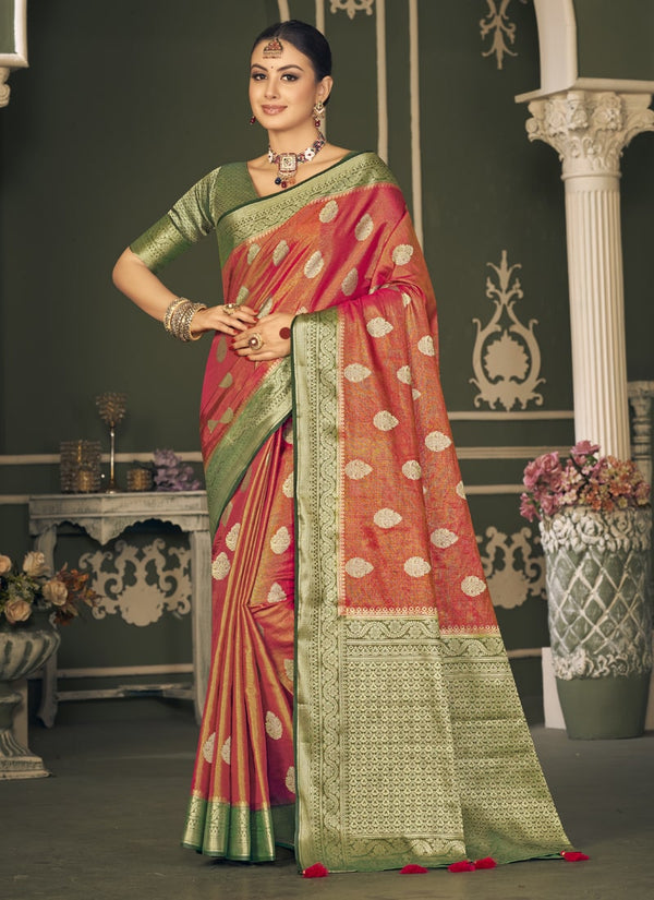 Lassya Fashion Blush Red Graceful Tissue Silk Saree with All Over Self Weaving Butti