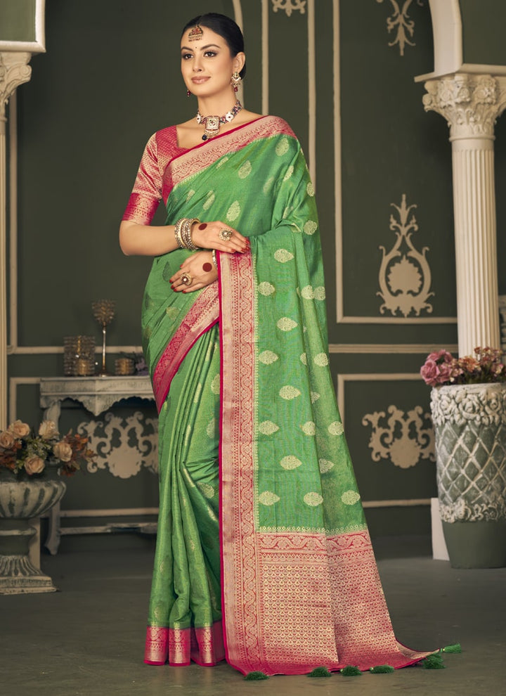 Lassya Fashion Fern Green Graceful Tissue Silk Saree with All Over Self Weaving Butti