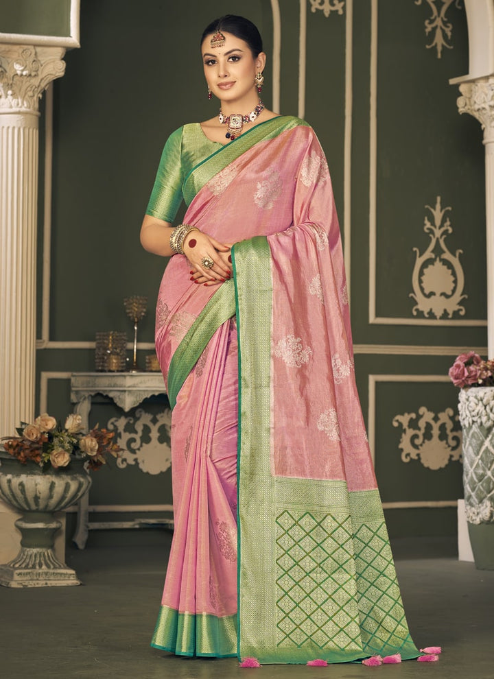 Lassya Fashion Barbie Pink 
Stylish Tissue Silk Saree with Self-Weaving Butti