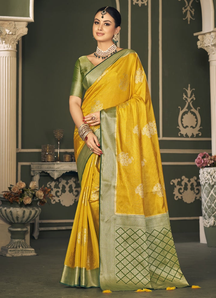 Lassya Fashion Amber Yellow 
Stylish Tissue Silk Saree with Self-Weaving Butti